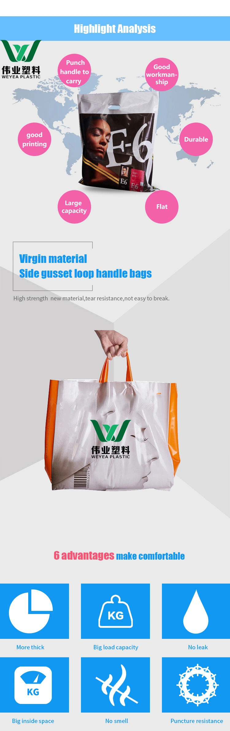 Custom Size LDPE Die Cut Handle Plastic Retail Shopping Bags